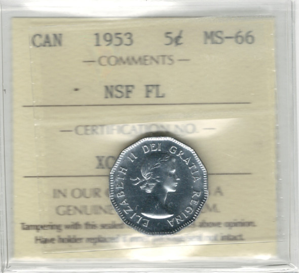 Canada: 1953 5 Cent NSF Far Leaf ICCS MS66