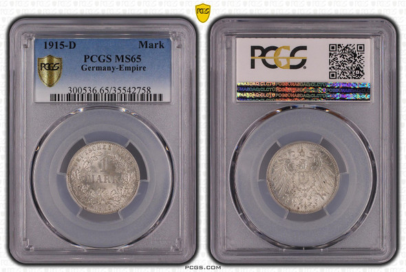 Germany: 1915-D J-17 Ag Silver 1 Mark PCGS MS65