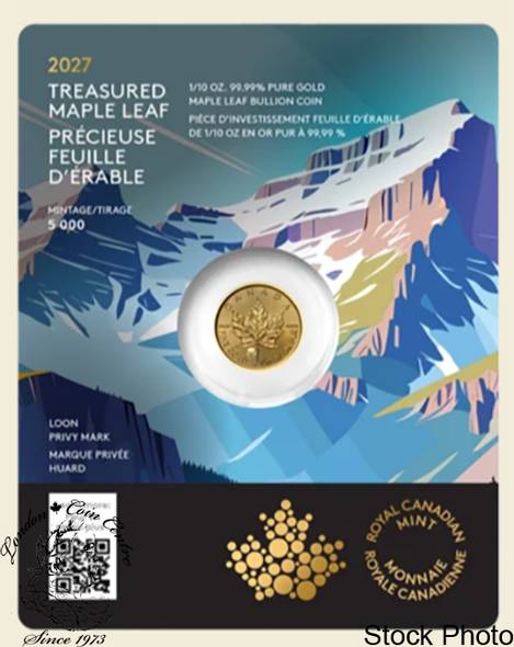 Canada: 2027 $5 Treasured Gold Maple Leaf: Loon Privy Mark - 1/10 oz. 99.99% Pure Gold Coin