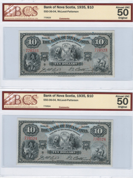 The Bank of Nova Scotia 1935 $10 Banknotes in Sequence