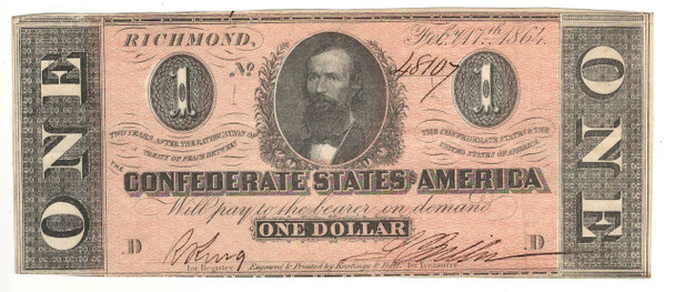 United States: 1864 $1 Confederate States of America Richmond Banknote