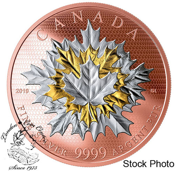 Canada: 2019 $50 Maple Leaves in Motion Pure Silver Gold Plated Coin