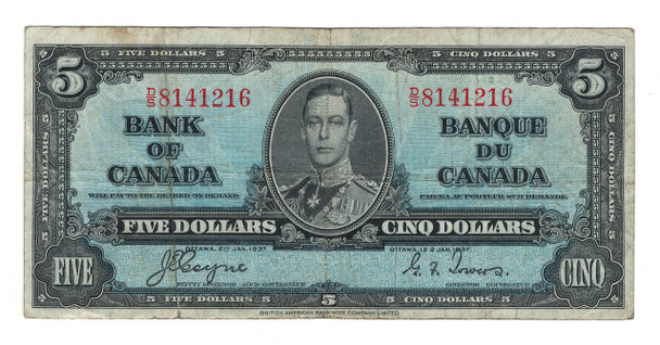 Canada: 1937 $5 Bank Of Canada Banknote BC-23b Lot#8