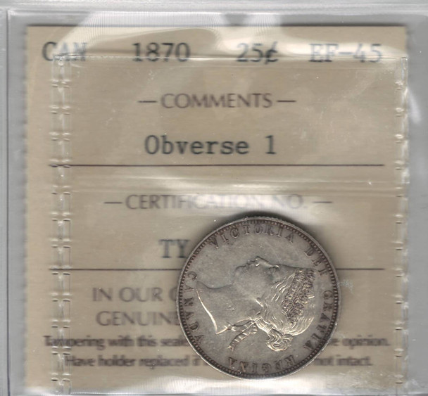 Canada: 1870 25 Cents Obverse 1 ICCS EF45