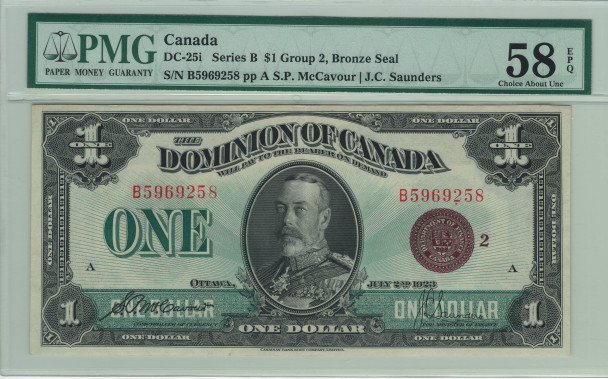 Canada: 1923 $1 Banknote - Dominion of Canada Bronze Seal PMG AU58 EPQ