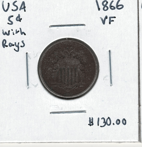 United States: 1866 5 Cent VF With Rays