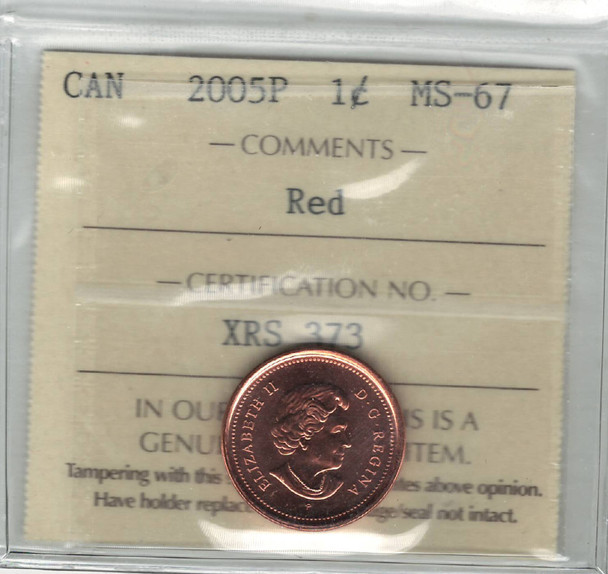 Canada: 2005P 1 Cent ICCS MS67 Red