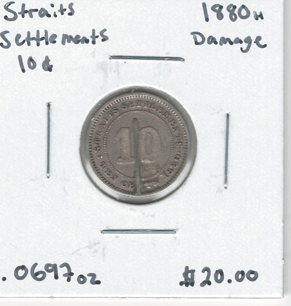 Straits Settlements: 1880H 10 Cent Damaged