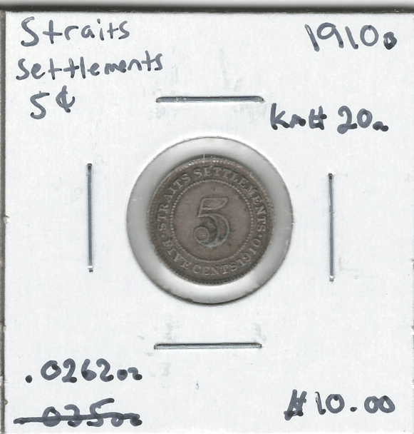 Straits Settlements: 1910B 5 Cent