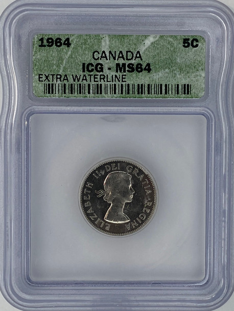 Canada: 1964 5 Cent Extra Water Line ICG MS64
