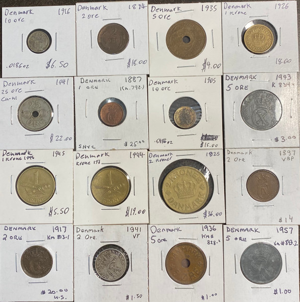 Denmark: 1874 & Newer Coin Collection 16 pieces