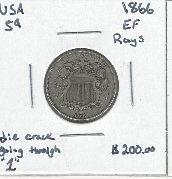 United States: 1866 5 Cent Die Crack Through "1" EF with Rays