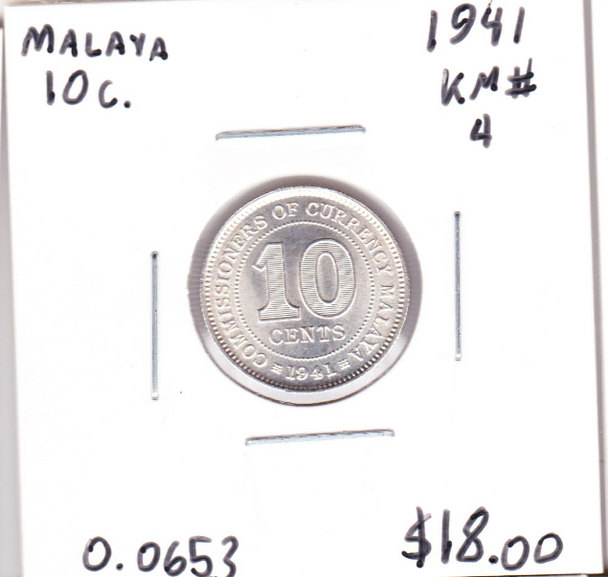 Malaya: 1941 Silver 10 Cents