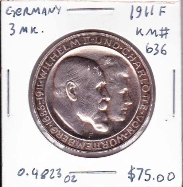 Germany: Wurttemberg: 1911 F Silver 3 Marks