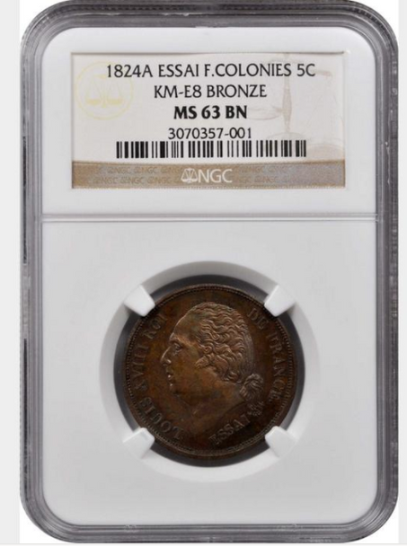 French Colonies: 1824 A Essai Pattern Strike NGC MS-63