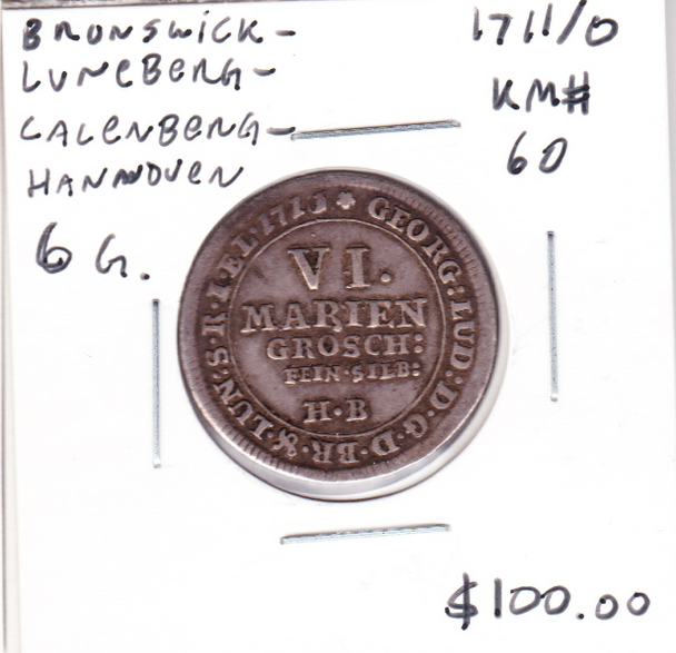 Brunswick-Luneberg-Calenburg-Hannover German States: 1711/10 Silver 6 Mariengrosch