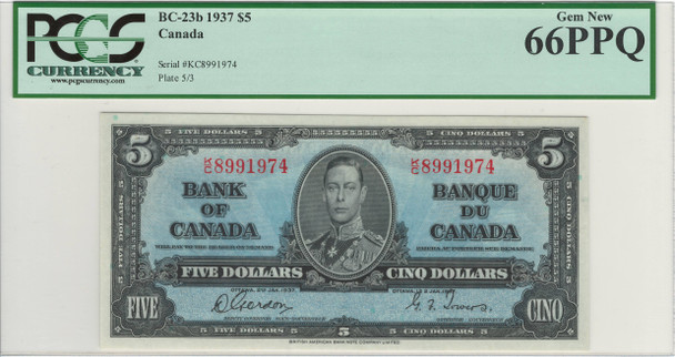 Canada: 1937 $5 Bank of Canada Banknote BC-23b PCGS Gem Uncirculated 66