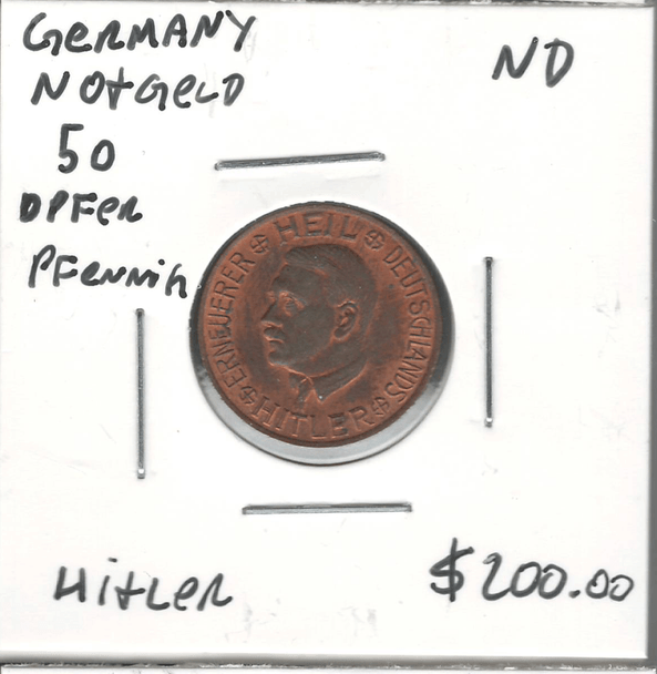 Germany, Notgeld: ND 50 Opferpfenning Rare Adolf Hitler Token