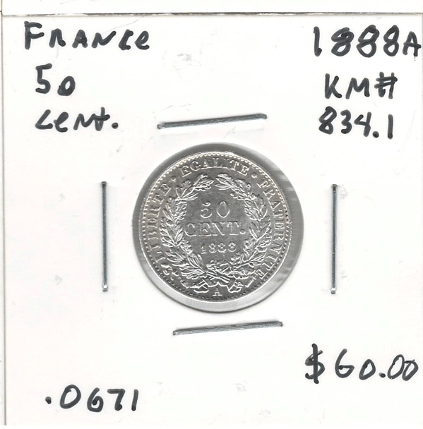 France: 1888A Silver 50 Centimes