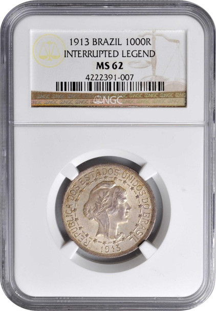 Brazil: 1913 Silver 1000 Reis NGC MS62