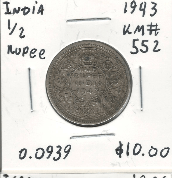 India: 1943 1/2 Rupee