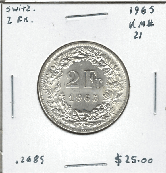 Switzerland: 1965 2 Francs Lot#15