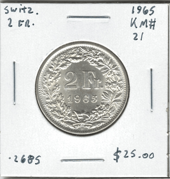 Switzerland: 1965 2 Francs Lot#30
