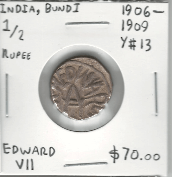 India: Bundi: 1906 - 1909 1/2 Rupee Edward VII