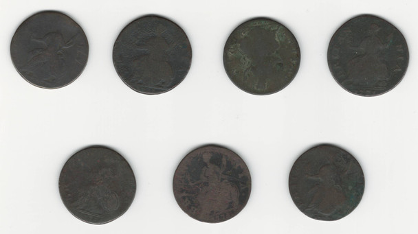 Great Britain: 1700's Half Penny Collection Lot (7 Pieces) Evasion Tokens and Official Coins