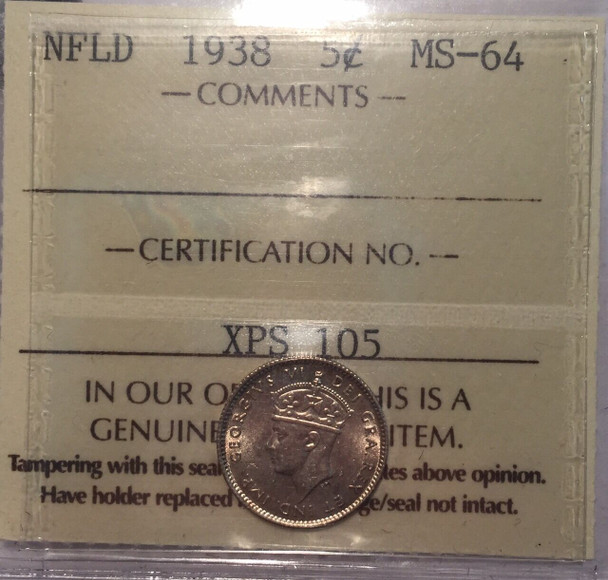 Canada: Newfoundland: 1938 5 Cent ICCS MS64