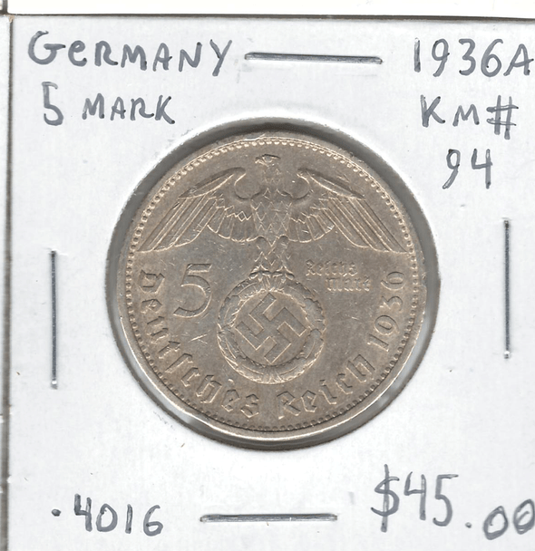 Germany: 1936A Silver 5 Mark KM#94