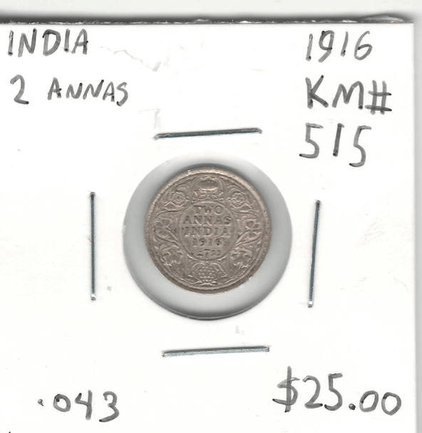 India: 1916 Silver 2 Annas