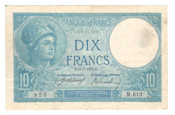 France: 1916 10 Francs Banknote P. 73A