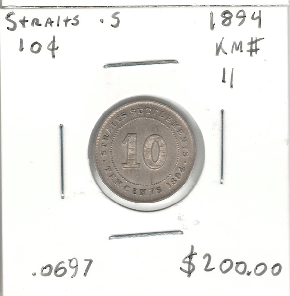 Straits Settlements: 1894 Silver 10 Cents