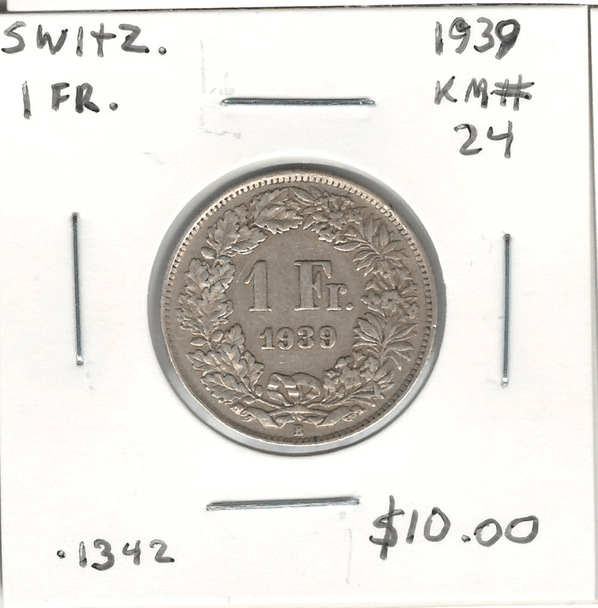Switzerland: 1939 Silver 1 Franc