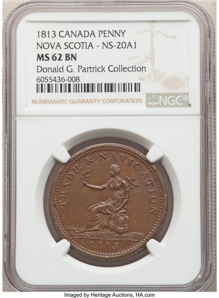Canada: Nova Scotia: 1813 "Trade & Navigation" Penny Token NGC MS62 Brown