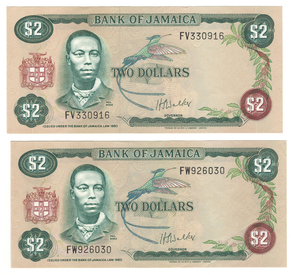 Jamaica: 1976 2 Dollars Banknote Collection Lot (2 Pieces)