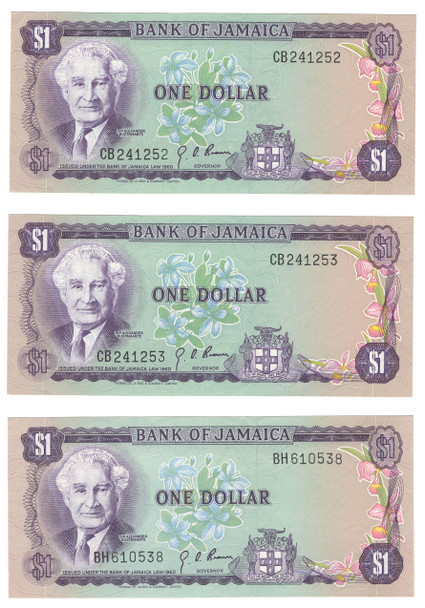 Jamaica: 1970 Dollar Banknote Collection Lot (3 Pieces)