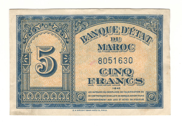 Morocco: 1943 5 Francs Banknote