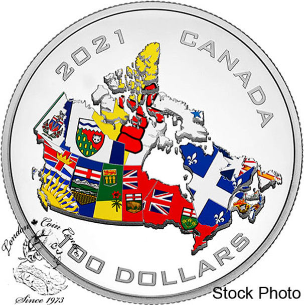 Canada: 2021 $100 Canada’s Provincial and Territorial Flags 10 oz. Pure Silver Coin