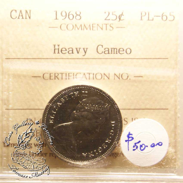 Canada: 1968 25 Cents ICCS PL65  Heavy Cameo Coin