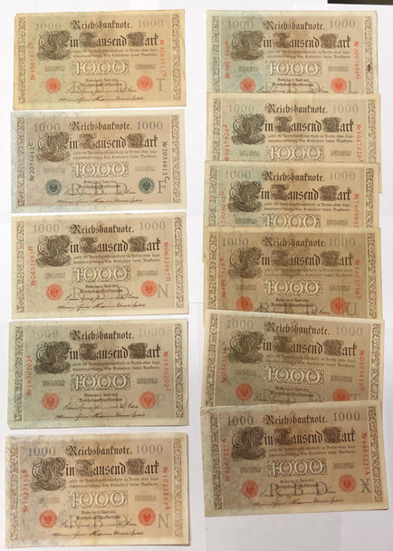 Germany: 1910 1000 Mark Banknote Collection Lot (11 Pieces)