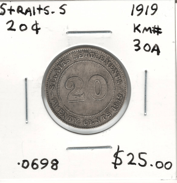 Straits Settlements: 1919 20 Cents