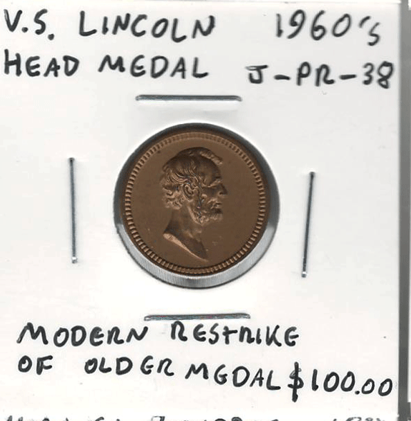 United States: 1960's Lincoln Head Medal Restrike of Older Medal, J-PR-38