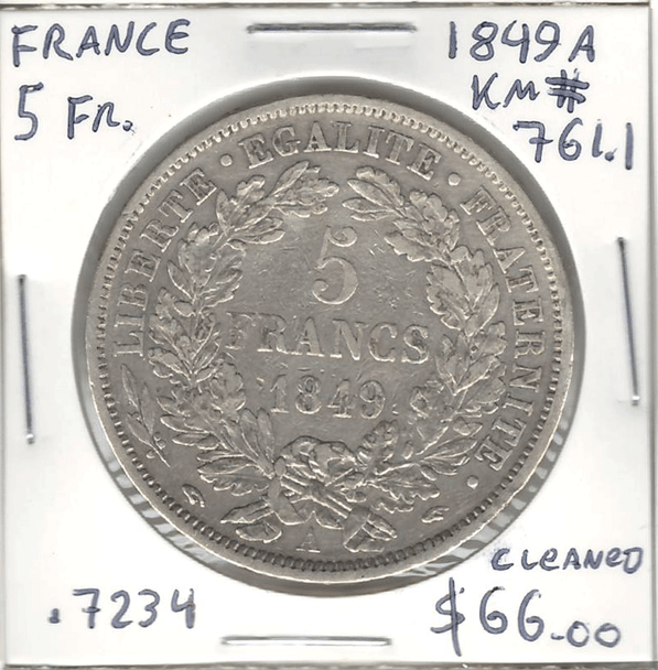 France: 1849A 5 Francs, Cleaned