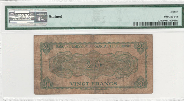 Rwanda-Burundi: 1960 20 Francs Banknote with Crocodile PMG VF20
