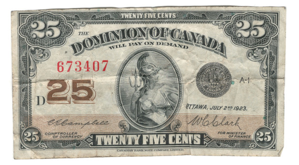 Canada:  1923  25  Cent  Banknote  Dominion  of Canada DC-24d