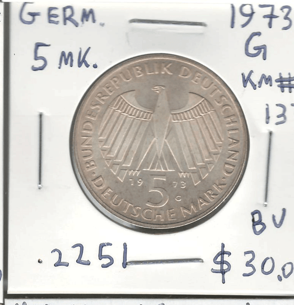 Germany: 1973G 5 Mark BU