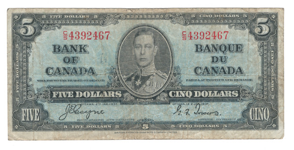 Canada: 1937 $5 Bank Of  Canada  Banknote BC-23c