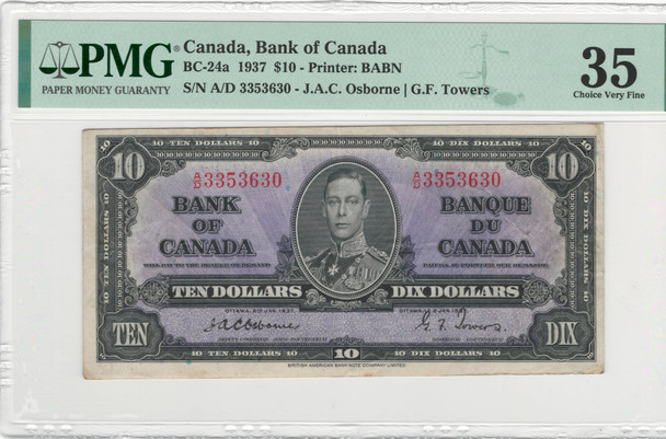 Canada: 1937 $10 Bank of Canada  Banknote  BC-24a PMG VF35